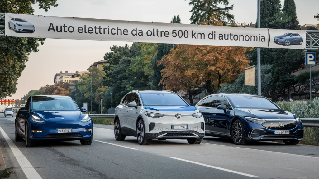 una tesla model y e una volkswagen id4 e una mercedes eqs lungo la strada per un test di percorrenza. 