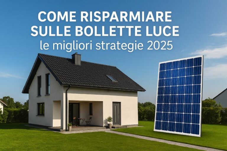 Casa moderna con pannello solare virtuale su prato verde e cielo limpido – guida al risparmio bolletta luce 2025